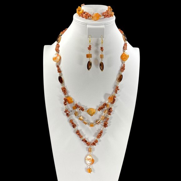 3pc SET Gemstone Chip Stone Shell 27" Pendant Necklace Earrings Bracelet Avante - Picture 1 of 11